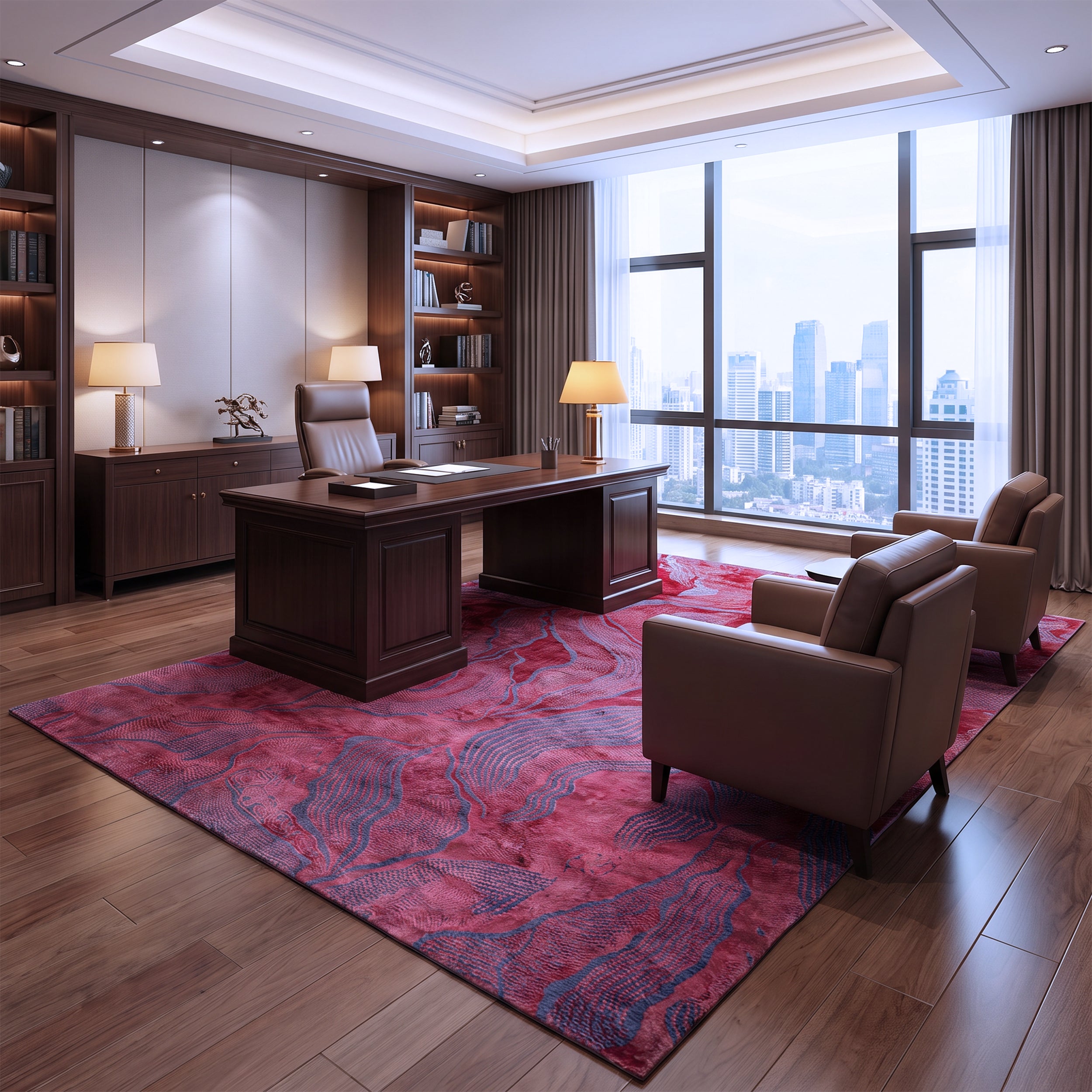 Berry Red & Blue-Grey Abstract Flow Rug Design 290 × 200 cm