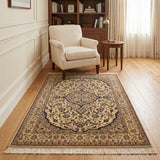 Cream & Navy Blue Persian Floral Medallion Nain Rug 229 × 154 cm