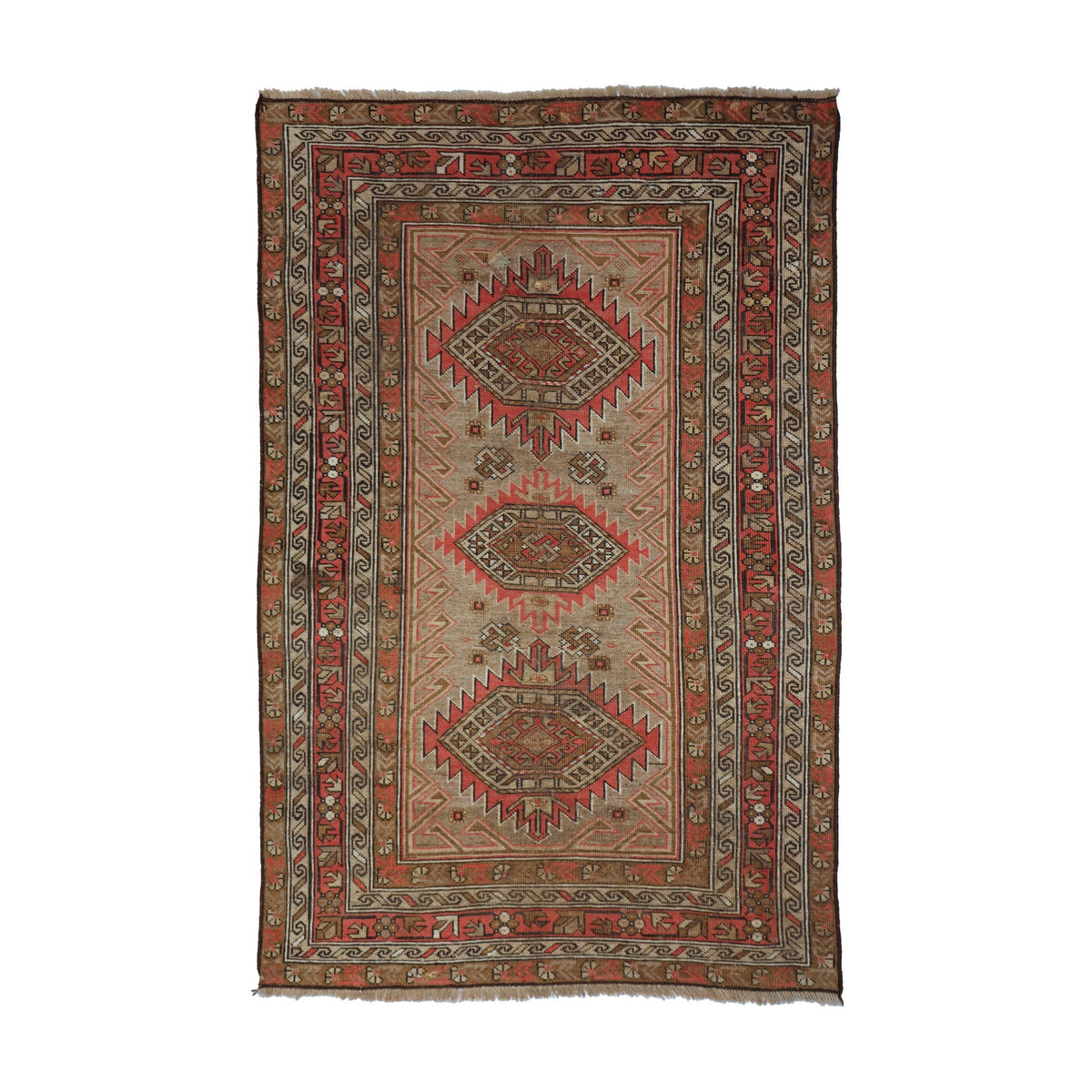 Beige, Coral & Brown 1940s Vintage Shirwan Geometric Triple Medallion Rug 166 × 117 cm
