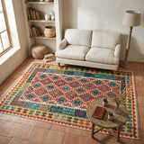 Rust & Teal Geometric Tribal Diamond Kilim Rug Design 256 × 175 cm - photo 2