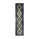 Navy Blue & Olive Green Geometric Tribal Diamond Kilim Runner Design 257 × 78 cm