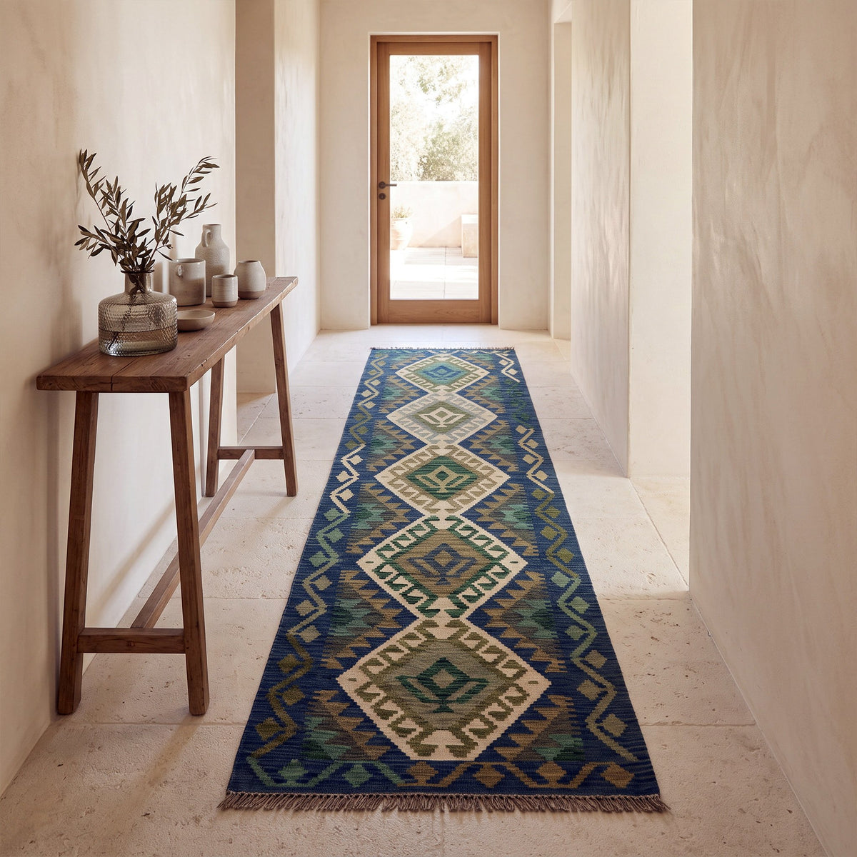 Navy Blue & Olive Green Geometric Tribal Diamond Kilim Runner Design 257 × 78 cm - photo 2