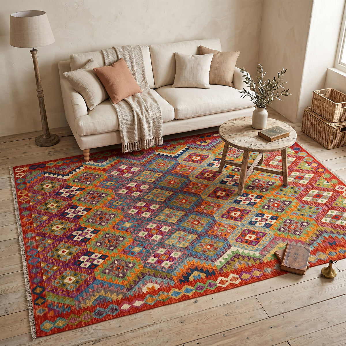 Rust & Sage Green Geometric Tribal Diamond Kilim Rug Design 258 × 178 cm - photo 2