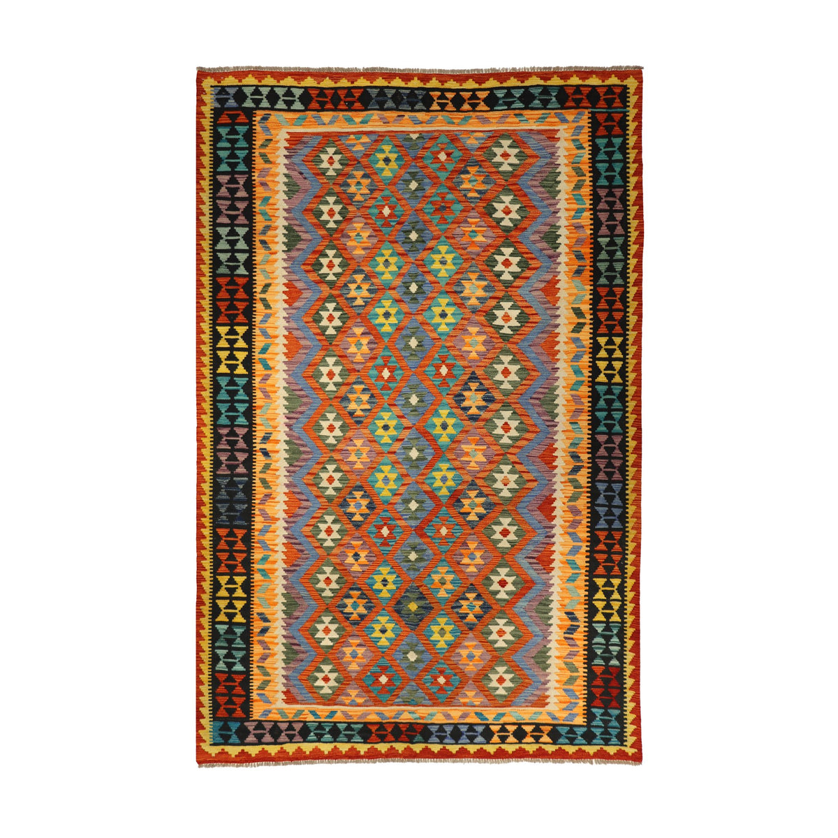 Rust & Teal Geometric Tribal Diamond Kilim Rug Design 259 × 174 cm