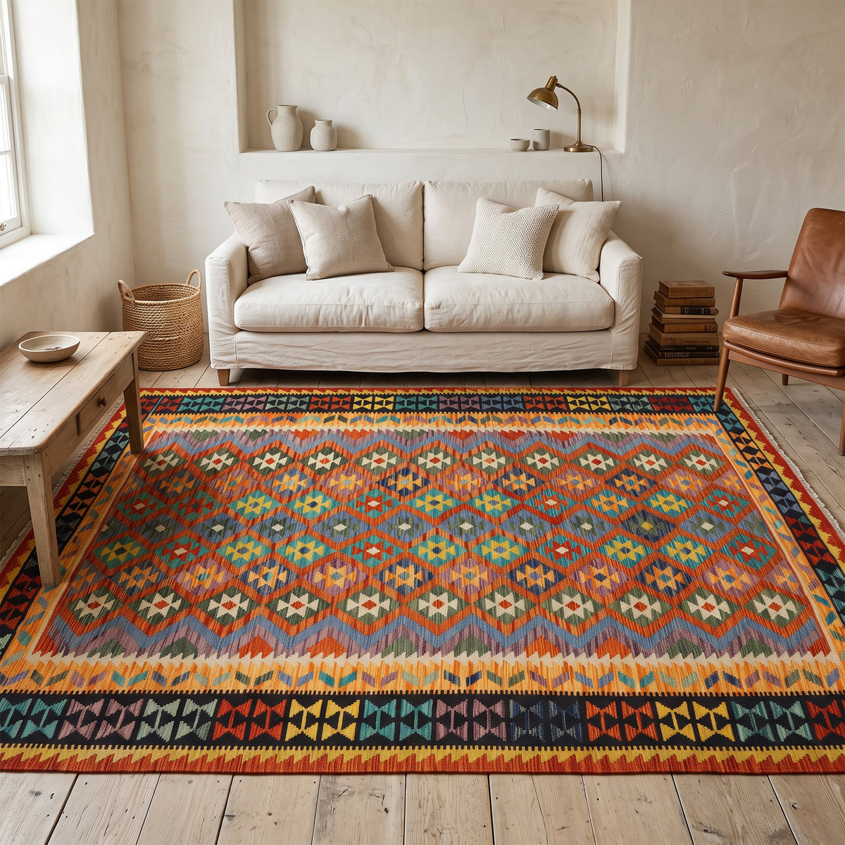 Rust & Teal Geometric Tribal Diamond Kilim Rug Design 259 × 174 cm - photo 2