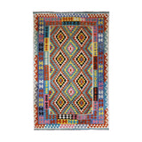 Teal & Terracotta Geometric Tribal Diamond Kilim Rug Design 261 × 166 cm