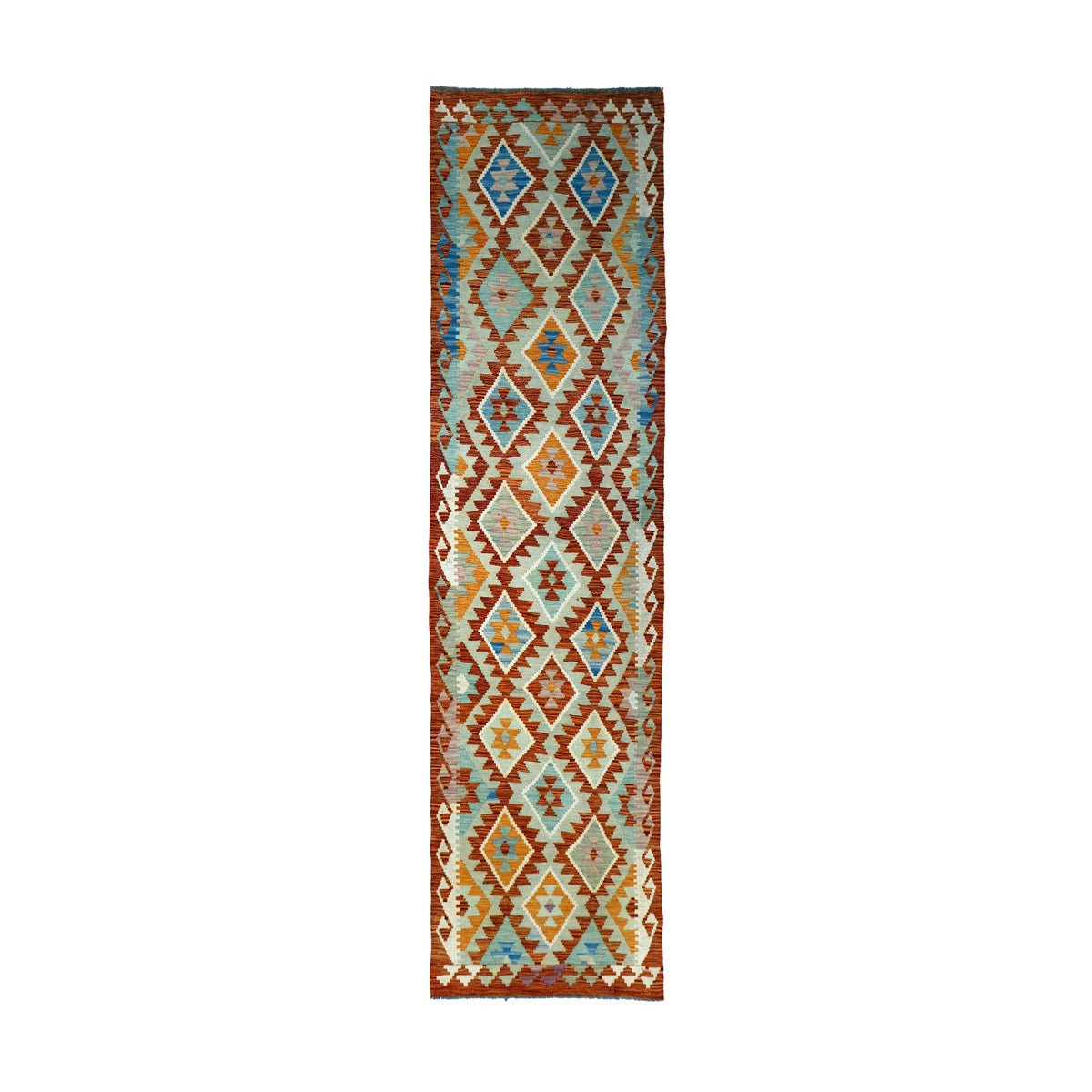 Rust & Beige Geometric Tribal Diamond Kilim Runner Design 290 × 79 cm