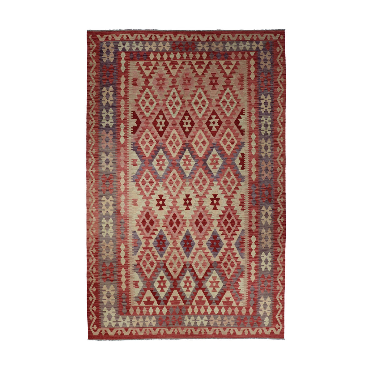 Red & Cream Anatolian Design Afghan Kilim Geometric Diamond Rug 290 × 200 cm