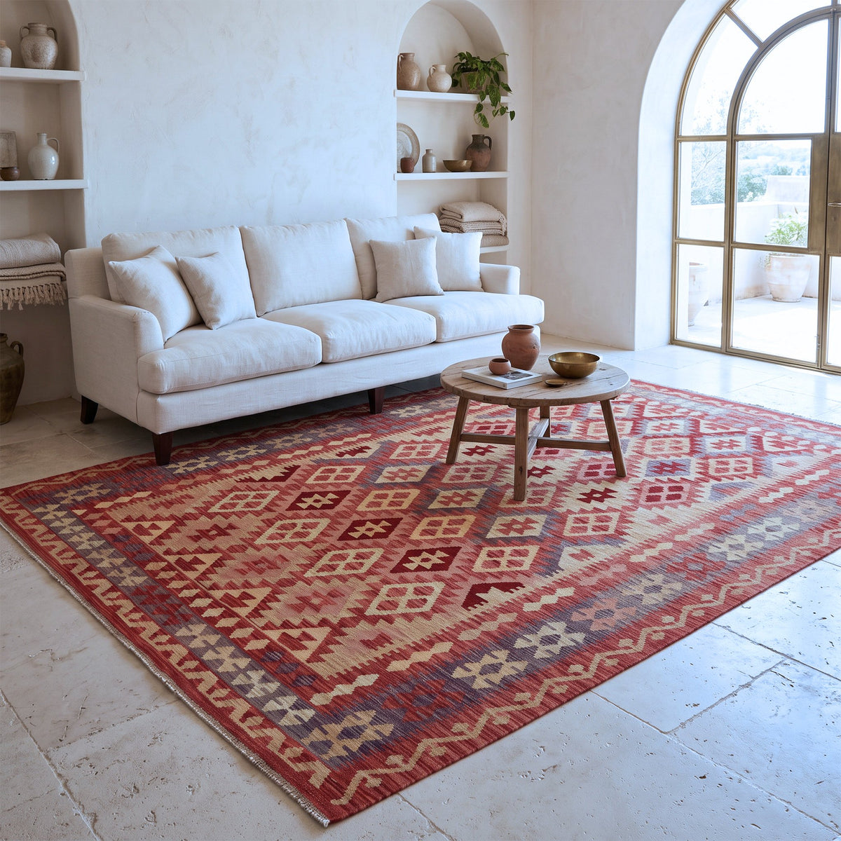 Red & Cream Anatolian Design Afghan Kilim Geometric Diamond Rug 290 × 200 cm - photo 2