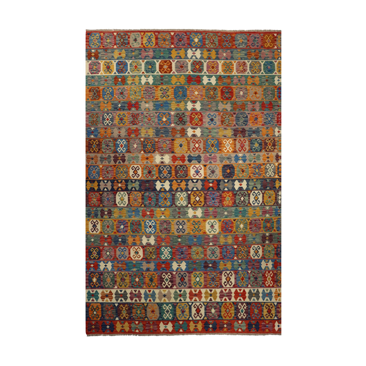 Teal & Rust Anatolian Design Afghan Kilim Geometric Striped Rug 290 × 198 cm