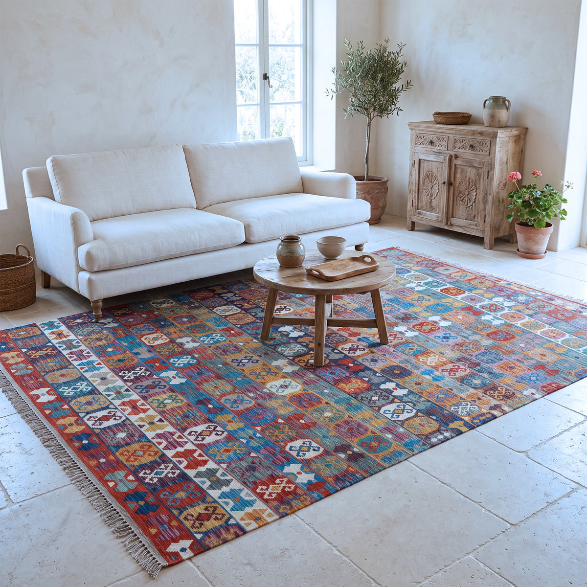 Teal & Rust Anatolian Design Afghan Kilim Geometric Striped Rug 290 × 198 cm - photo 2