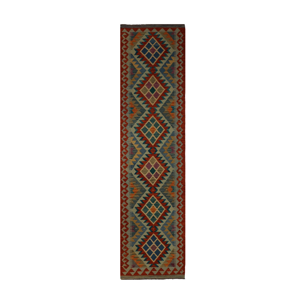 Rust & Cream Multicoloured Anatolian Design Afghan Kilim Geometric Runner 291 × 77 cm