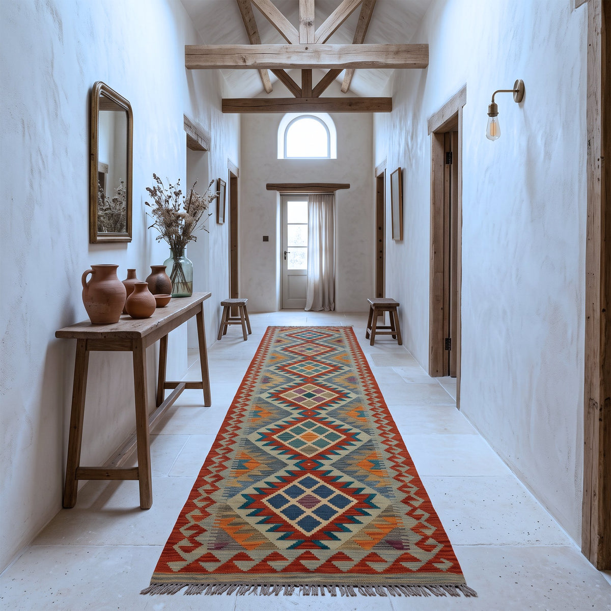 Rust & Cream Multicoloured Anatolian Design Afghan Kilim Geometric Runner 291 × 77 cm - photo 2