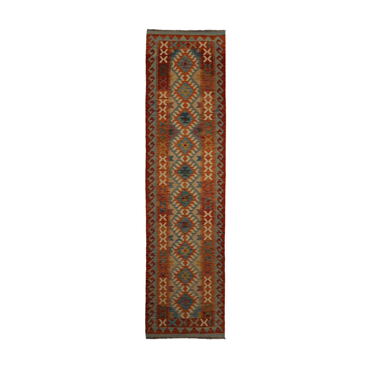 Rust & Cream Multicoloured Anatolian Design Afghan Kilim Geometric Runner 291 × 69 cm
