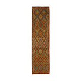 Rust & Sage Green Multicoloured Geometric Tribal Diamond Kilim Runner 292 × 80 cm