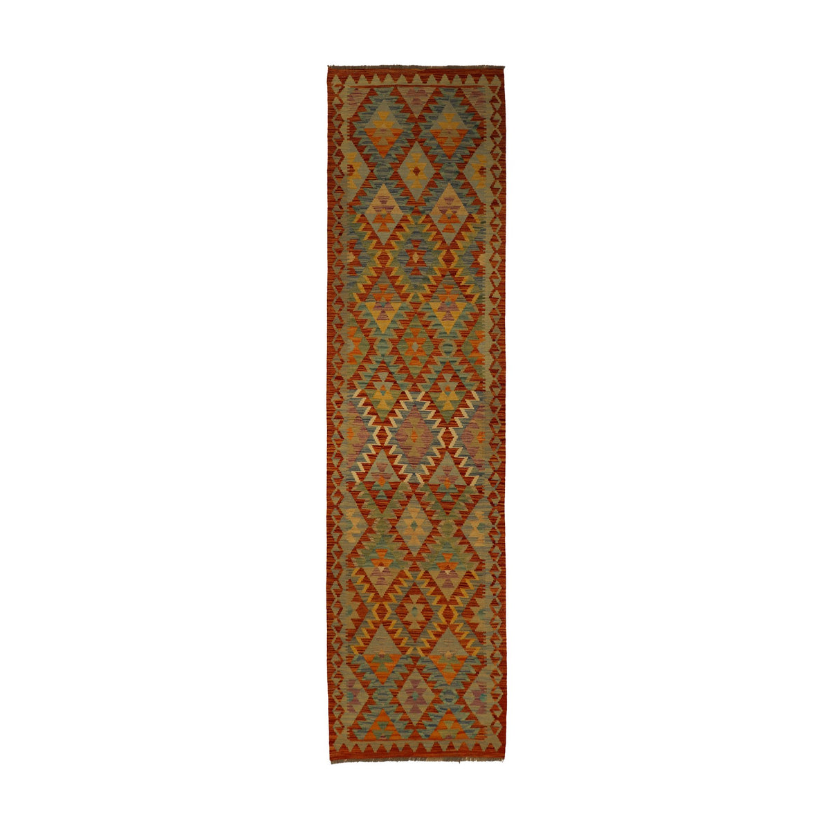Rust & Sage Green Multicoloured Geometric Tribal Diamond Kilim Runner 292 × 80 cm