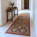 Rust & Sage Green Multicoloured Geometric Tribal Diamond Kilim Runner 292 × 80 cm - photo 2