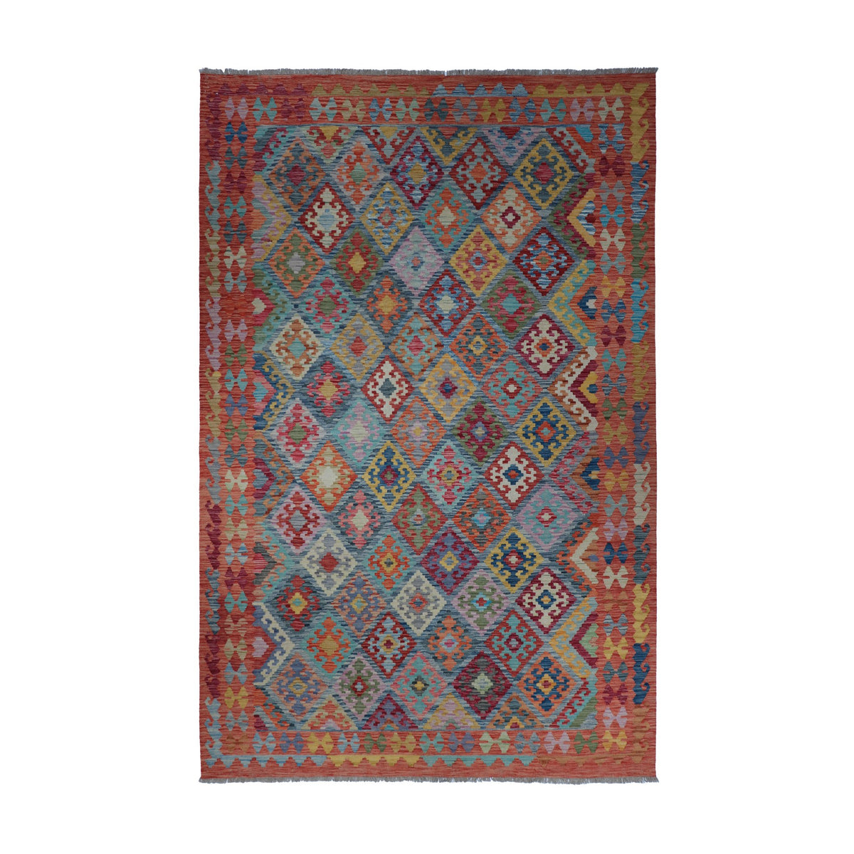 Rust & Muted Blue Multicoloured Geometric Tribal Diamond Kilim Rug 292 × 200 cm