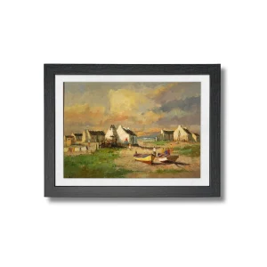 Phillip Britz landscape oil painting showing coastal cottages, fishing boats, and a warm sunset sky — South African seaside scene on canvas
