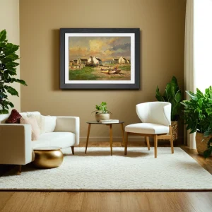Phillip Britz coastal landscape oil painting displayed in a modern living room with neutral tones, white furniture, and indoor plants — South African wall art décor inspiration.