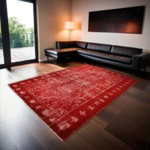 Vibrant red handknotted vintage Anatolian embossed rug from Turkey, measuring 315cm x 215cm, featuring intricate patterns and a rich texture, displayed in a stylish living space.