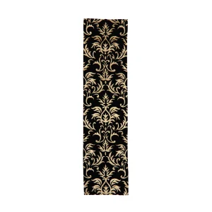 Vertical strip featuring beige damask pattern on a black background, repeating ornate floral motifs
