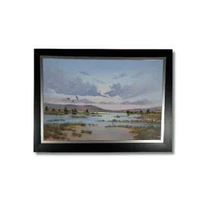 Pieter Van Heerden landscape scenery oil painting showing a tranquil South African wetland with reeds, distant hills, and soft blue sky reflections.