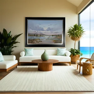 Pieter Van Heerden landscape wall art in a living room featuring a modern rug