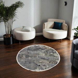 Round Abstract Grey & Gold Modern Rug – Distressed Soho Design 160cm x 160cm