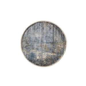 Round distressed blue and grey abstract area rug with muted gold accents — Heriz Gallery Style