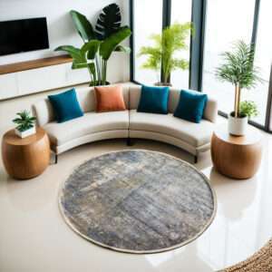 Round distressed blue and grey abstract area rug with muted gold accents — Heriz Gallery Style
