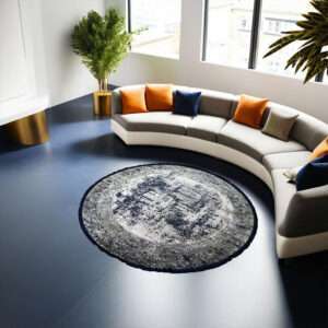 Heriz Gallery <Br>SILVER & NAVY PART SILK MODERN ROUND RUG <Br> 200cm x 200cm