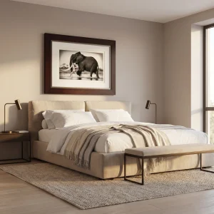 Neutral-toned bedroom with an upholstered bed, beige throw, and a black-and-white elephant photograph above the headboard.