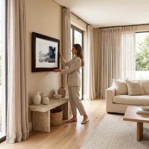 Woman in a beige suit adjusts a large framed black-and-white photograph on a wall in a sunlit living room with cream curtains and ceramic vases on a console table.