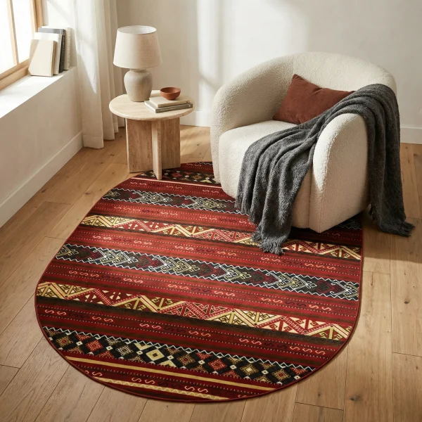 Cozy living room corner: beige upholstered armchair with a gray blanket and rust pillow beside a round wooden side table and red patterned rug.