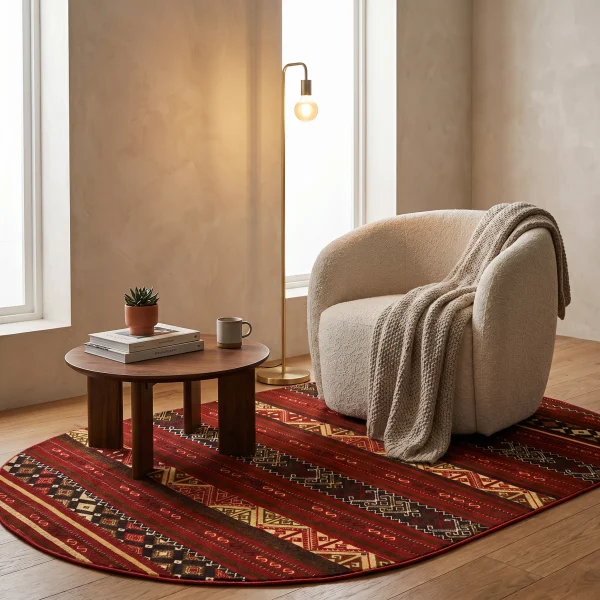 Cozy living room corner with a round wooden coffee table, stacked books, a small potted succulent, and a beige armchair with a knitted blanket.