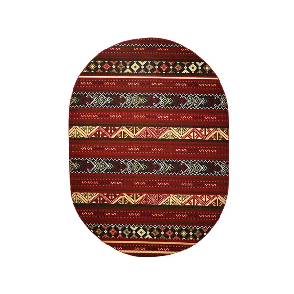 Oval rug with red, black, and beige geometric tribal patterns on a white background
