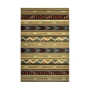 Colorful woven rug with horizontal striped bands of geometric patterns in red, black, beige, and teal.