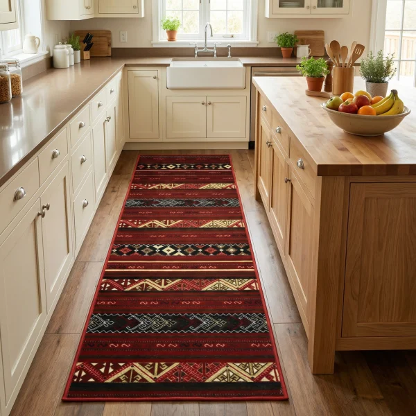 View down a U-shaped kitchen with white cabinets and a red geometric runner rug along the floor.