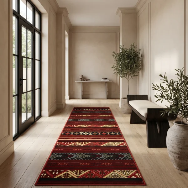 Beige hallway with large black-framed windows on the left, a long red geometric runner rug, and potted plants along the right wall.