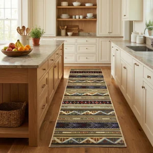 Bright kitchen with white cabinets, a wooden island, and open wood shelves in a sunlit room.