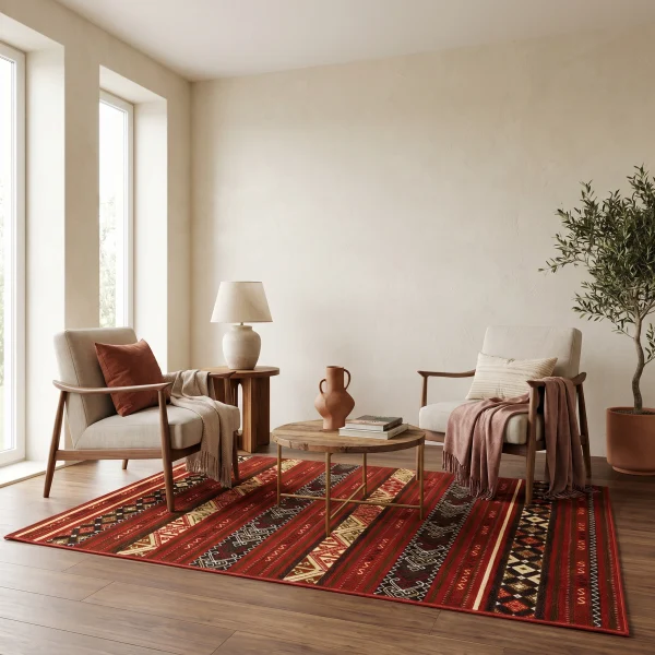 Cozy living room corner with large windows, two beige armchairs, a red patterned rug, a white lamp on a side table, and a tall plant in the corner.