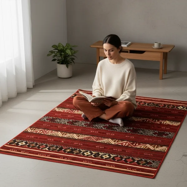 Woman sits cross‑legged on a red patterned rug, reading a book in a bright, minimalist room.