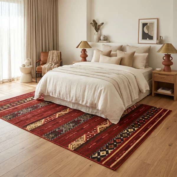 Neutral-toned bedroom with a cream bed, beige pillows, and wooden nightstands flanking the bed; a bold red patterned rug runs along the floor by the bed.