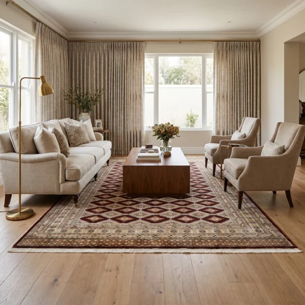 Light-filled living room with beige sofa, patterned cushions, and a wooden coffee table on a large ornate rug.