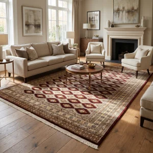 Elegant sunlit living room with beige sofa, armchairs, and a large burgundy patterned area rug by a white fireplace.