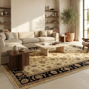 Cozy beige living room with a sectional sofa, wooden shelves, and a large potted olive tree by a window.