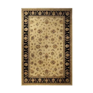 Rectangular area rug with a beige center and a black ornate floral border in gold tones.