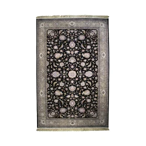 Ornate Persian-style rug with black center and intricate floral border, beige fringe at ends, colorful embroidery throughout.