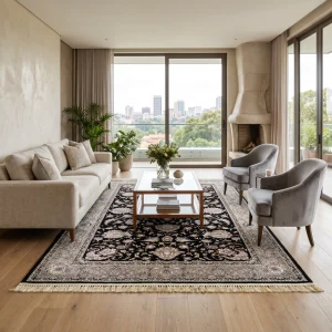 Modern living room with a patterned rug, beige sofa, glass doors showing a city view and several potted plants nearby